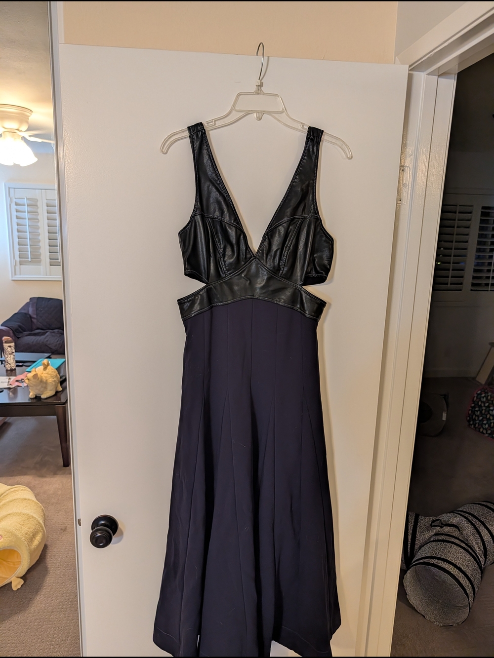 Vegan Leather/Mixed Media Cutout Midi Dress - Navy/Black- Anthropologie - Picture 3 of 13